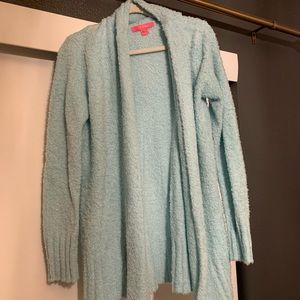 Like new Lilly Pulitzer fuzzy cardigan in light blue. Size small.